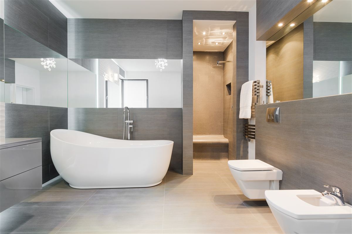 Bathroom with freestanding tub and walk-in shower — representative finish example